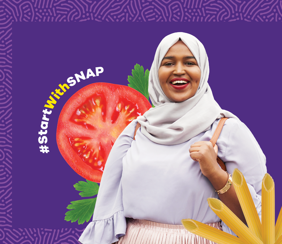 Smiling women wearing a hijab holds her purse over her shoulder posed with a food image collage and #StartwithSNAP