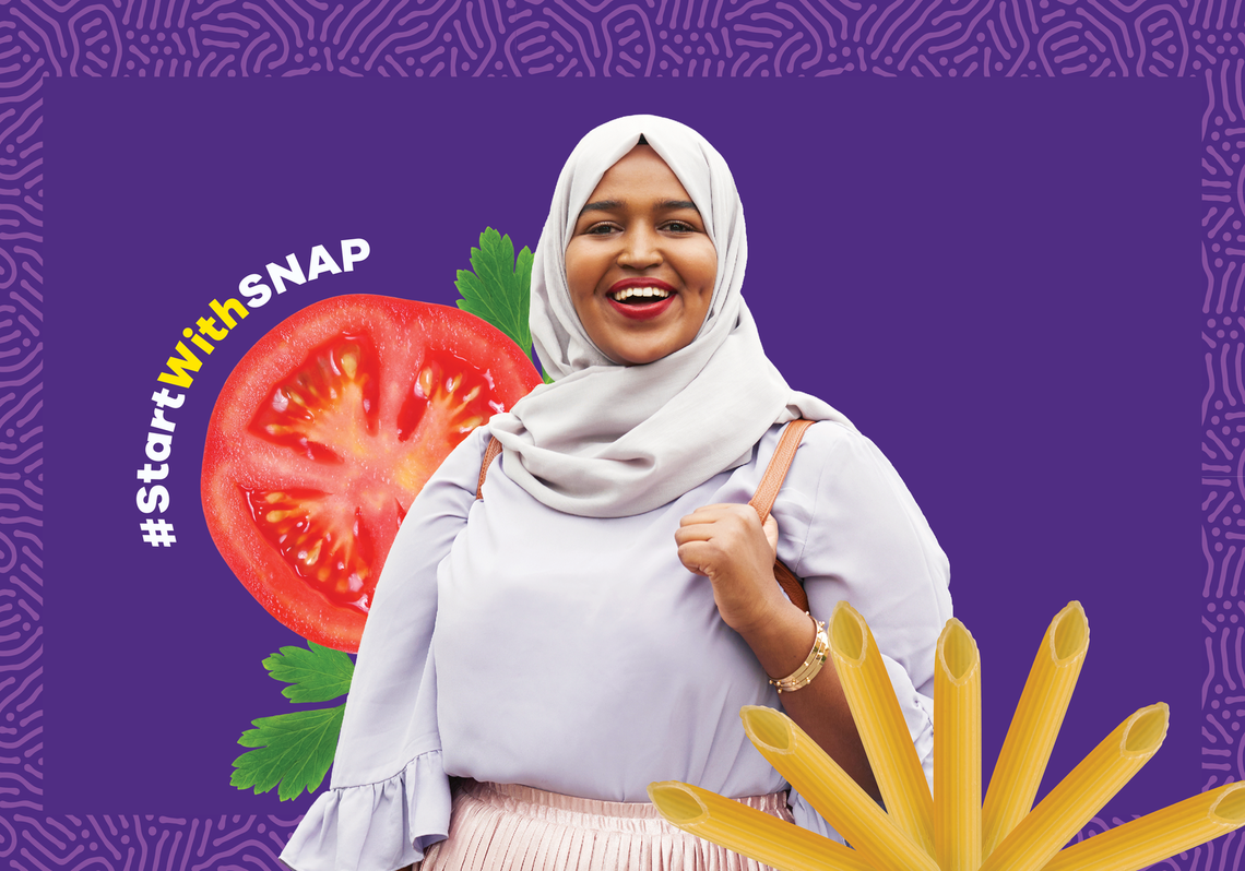 Smiling women wearing a hijab holds her purse over her shoulder posed with a food image collage and #StartwithSNAP