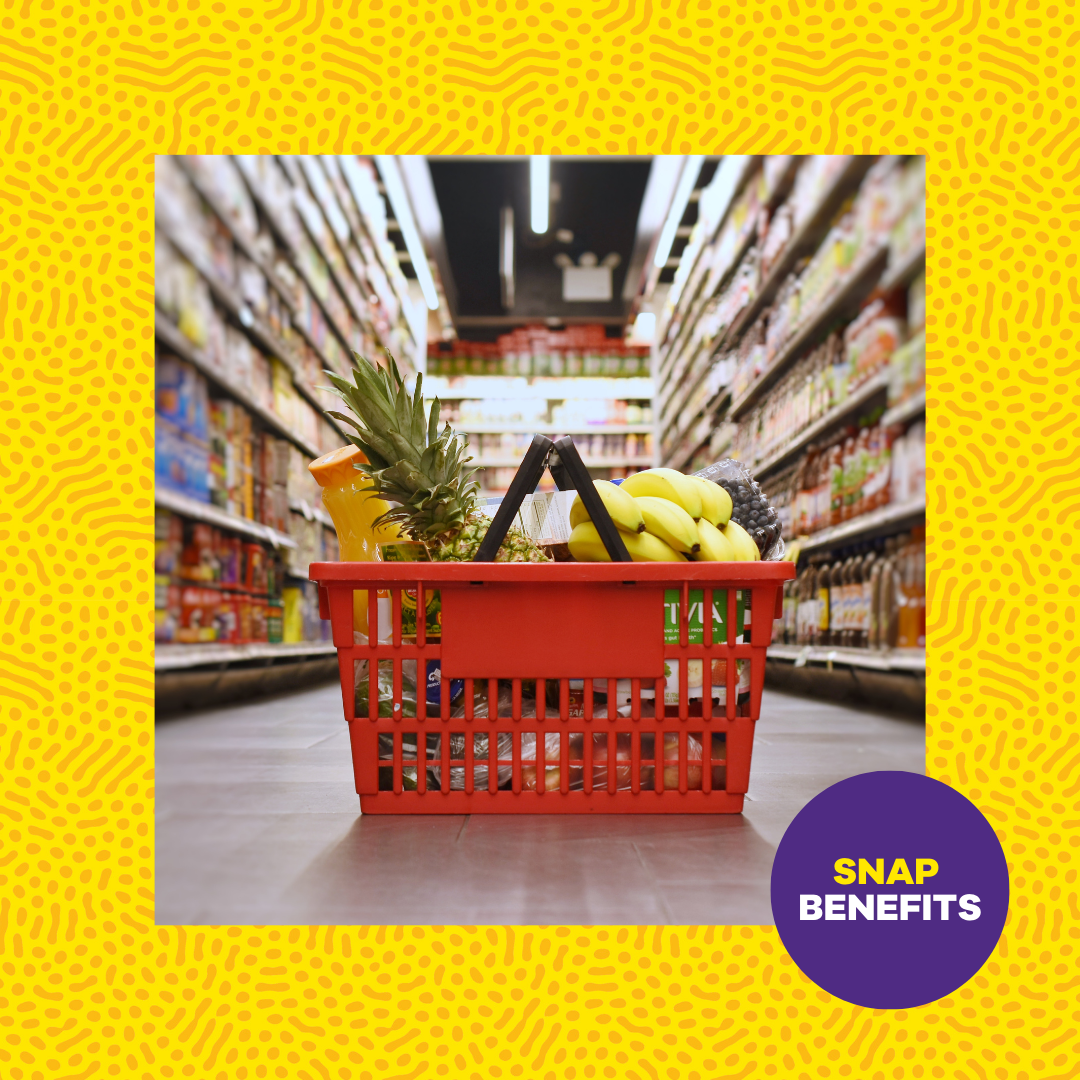 A grocery basket filled with food on a patterned yellow background