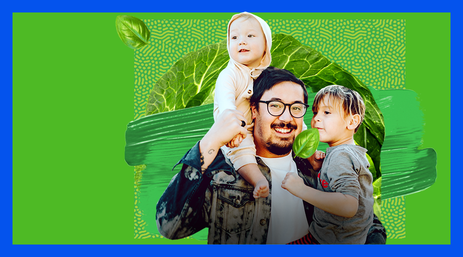 Father with two children smiling on a green background and food collage