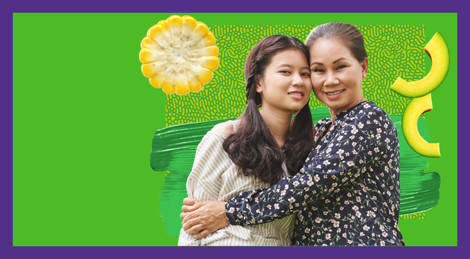 Mother and daughter smiling on a green patterned background with corn and food collaged behind them