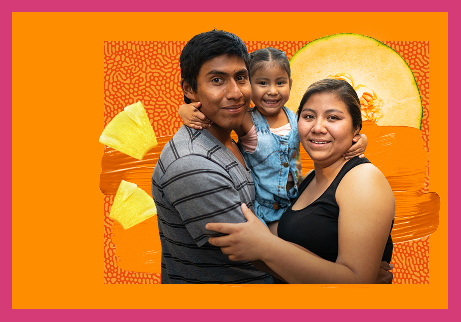 Multi-generational latino/a family smiles at the camera in front of a food collage with #StartwithSNAP